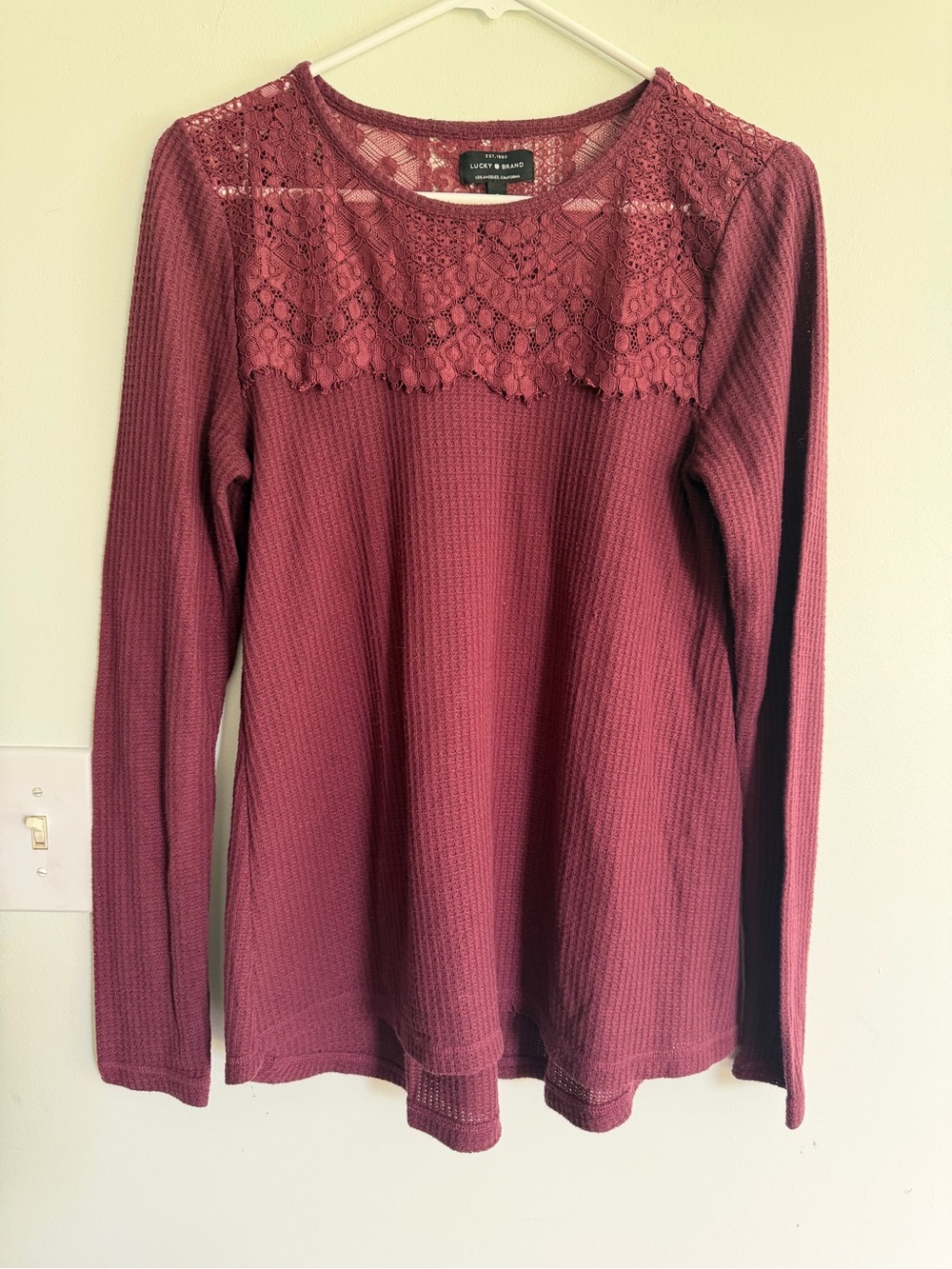 Lucky Brand Women's Lace Yoke Long Sleeve Top - Burgundy Waffle Knit.